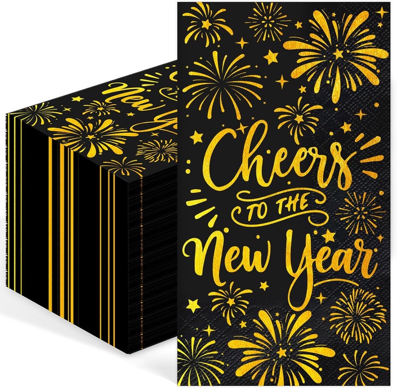 IANFEPH 100Pcs New Year's Eve Napkins - Disposable Black Gold Foil Dinner Napkins for Christmas Birthday Cocktail Party Celebrations Decor - Image 1